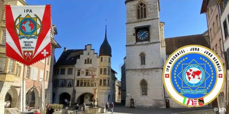 Stadt Biel mit Wimpel der IPA Biel und Logo der IPA Jura